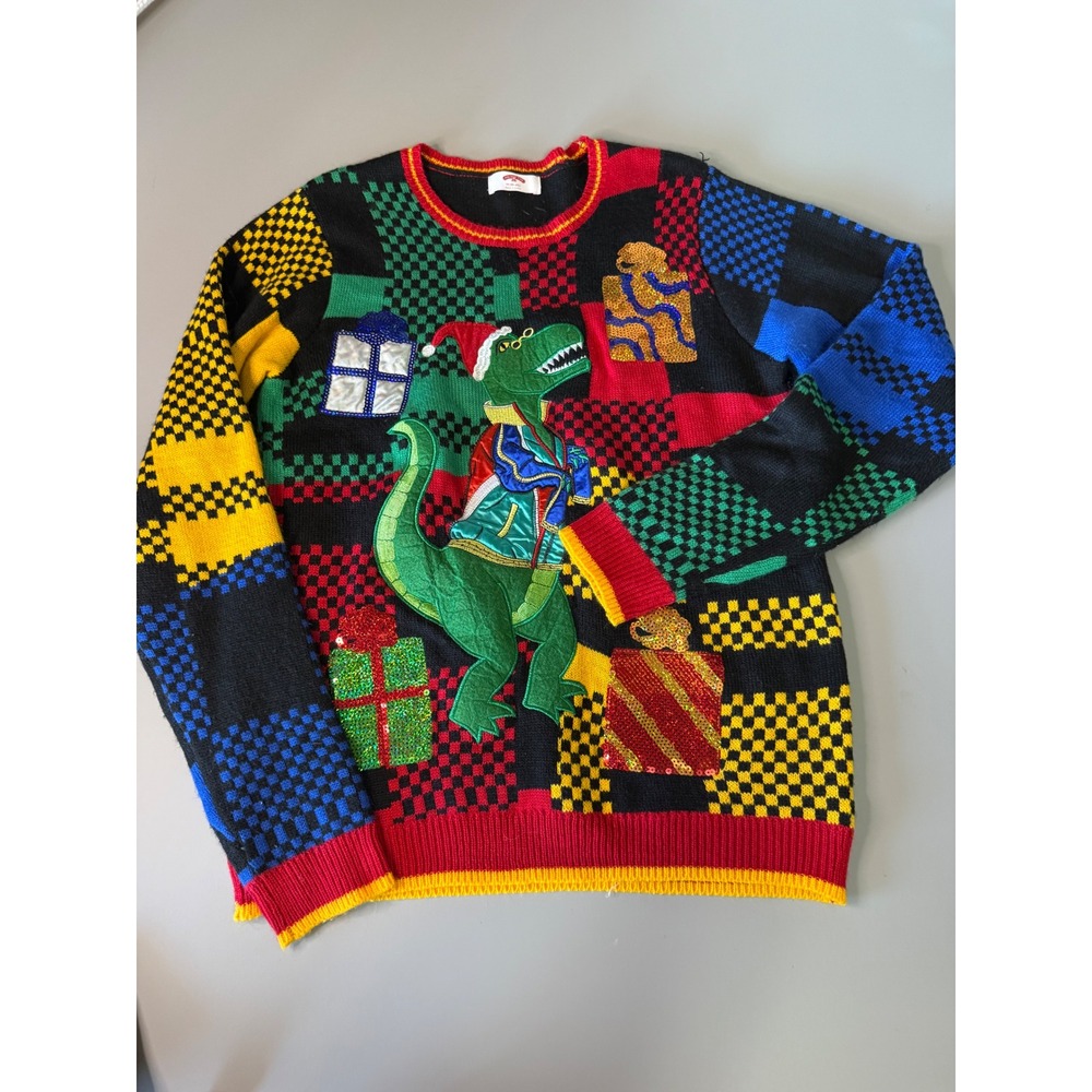 Holiday Time Mens Christmas Sweater T-Rex Dinosaur Sequin Patchwork ugly sweater